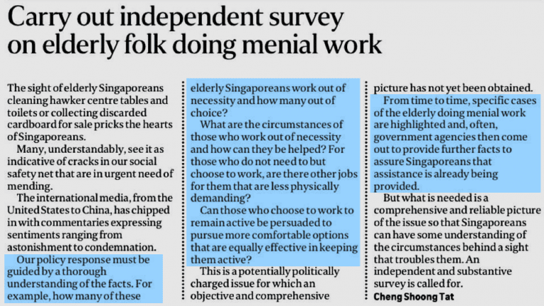 Carry out independent survey on older people doing menial work