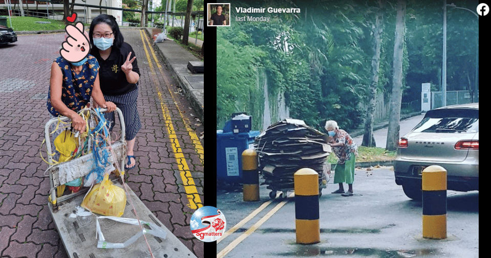 elderly woman collects cardboard to pass time and for exercise